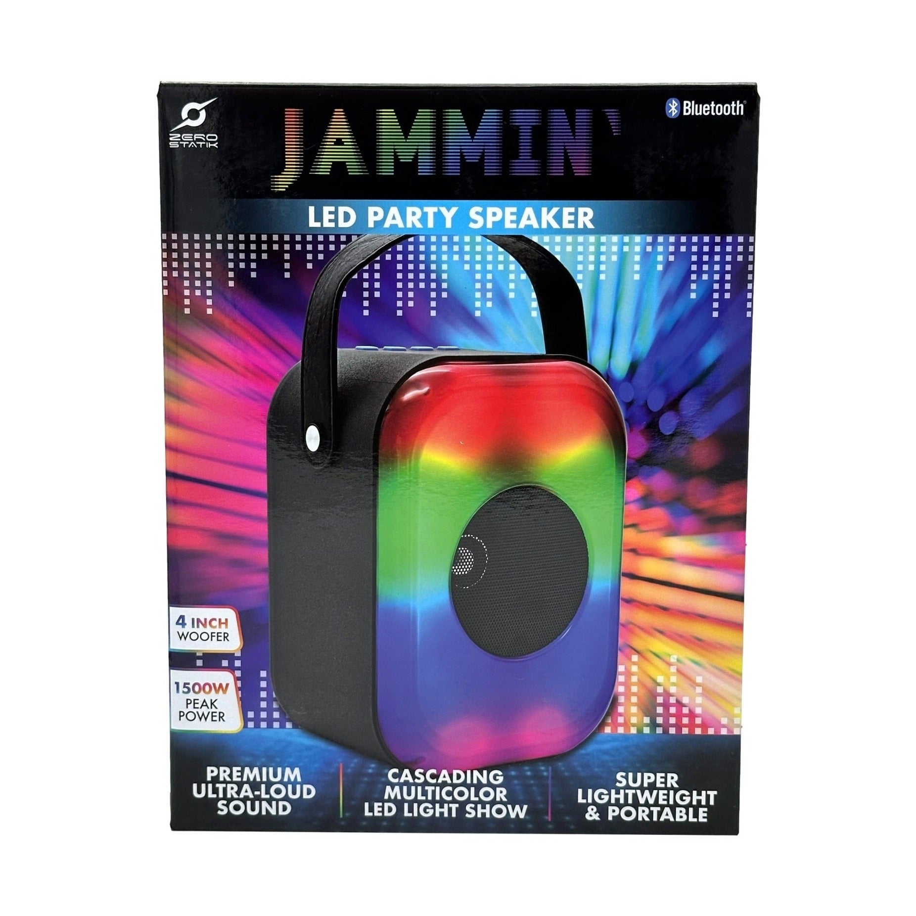 Box for a "Jammin'" LED party speaker with Bluetooth.